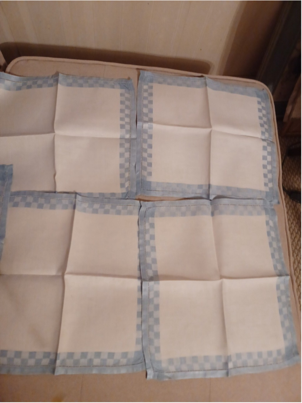 Vintage Irish Linen w Check Border Napkins X 5